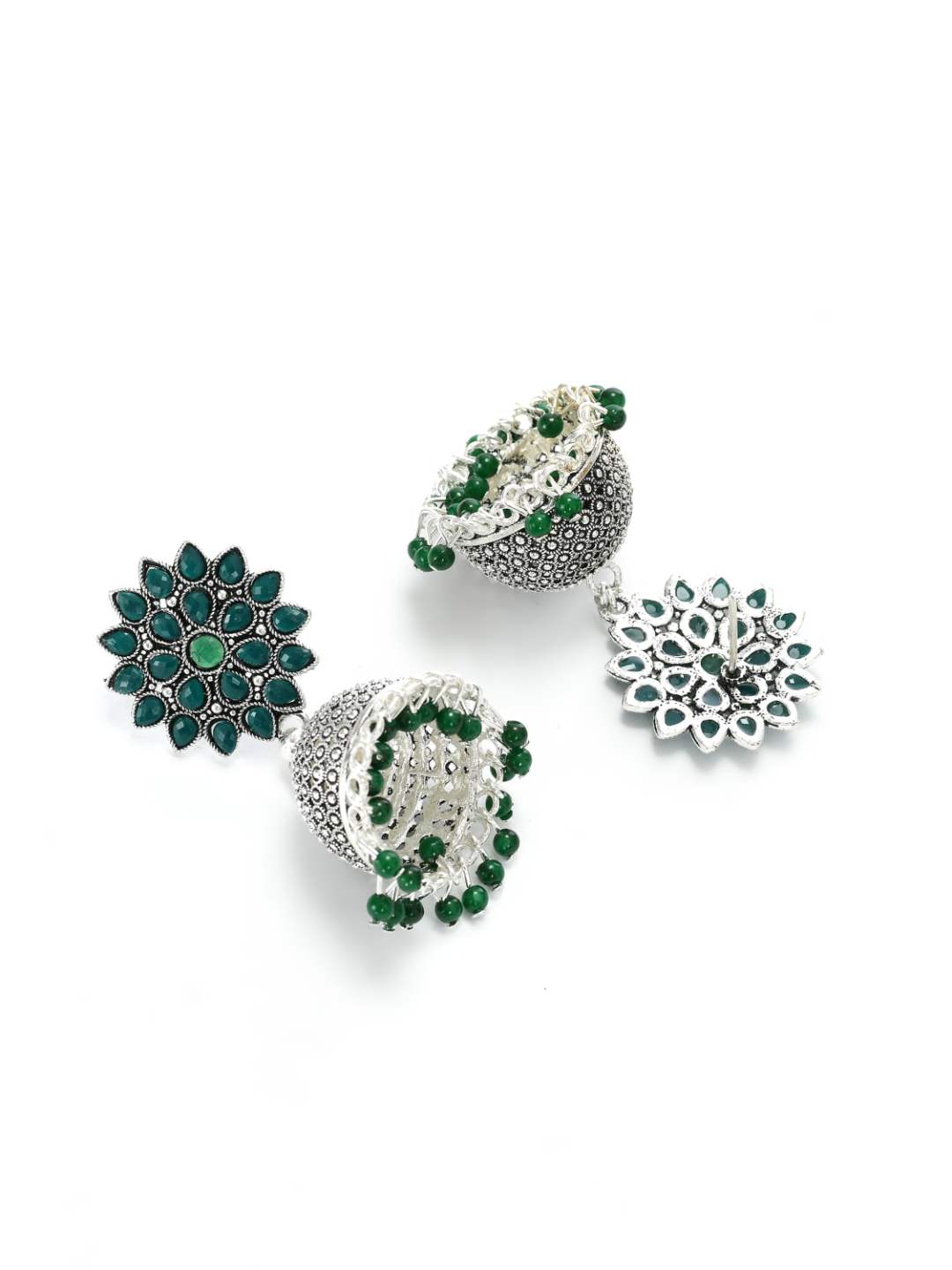 Trendia Silver Kundan work Jhumkas with Green Pearls - Johar Kamal