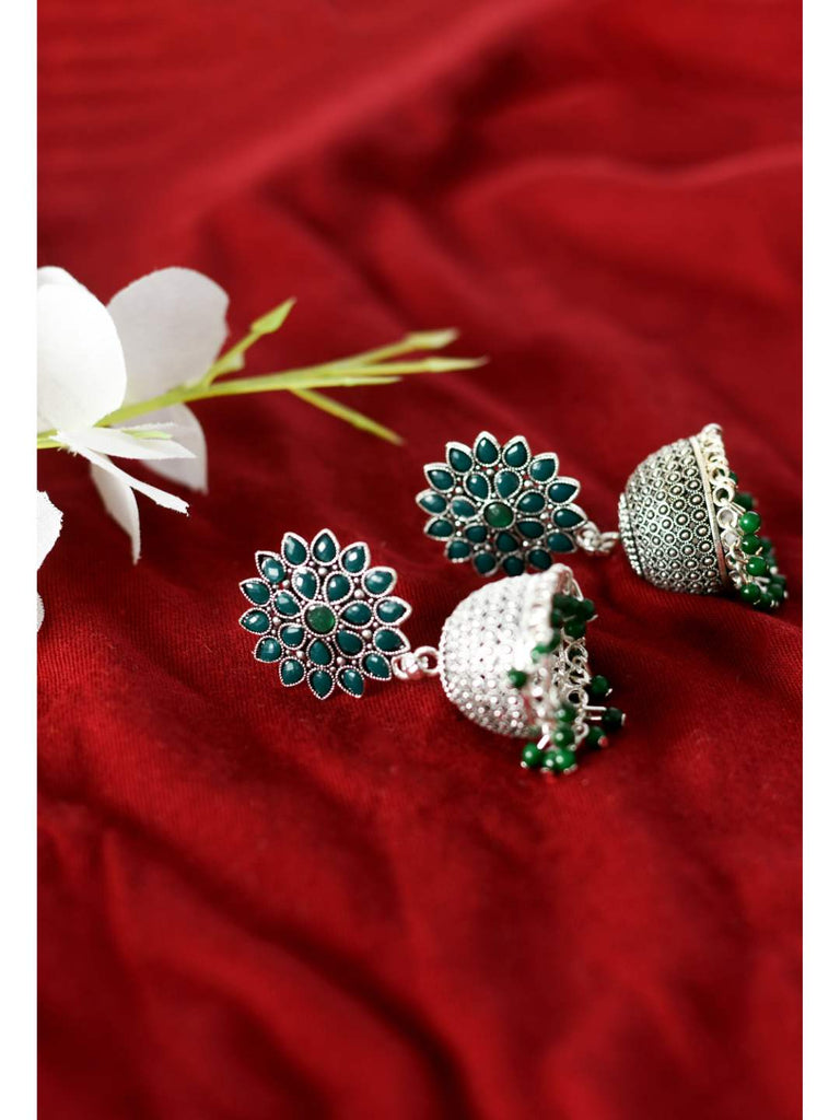 Trendia Silver Kundan work Jhumkas with Green Pearls