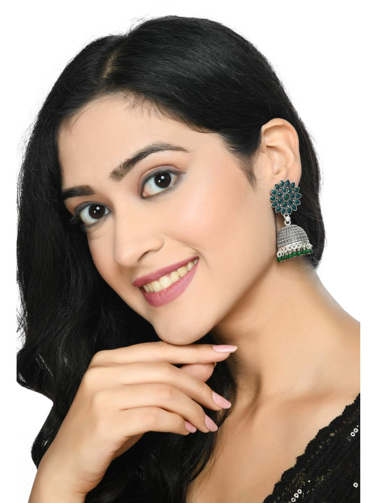 Trendia Silver Kundan work Jhumkas with Green Pearls