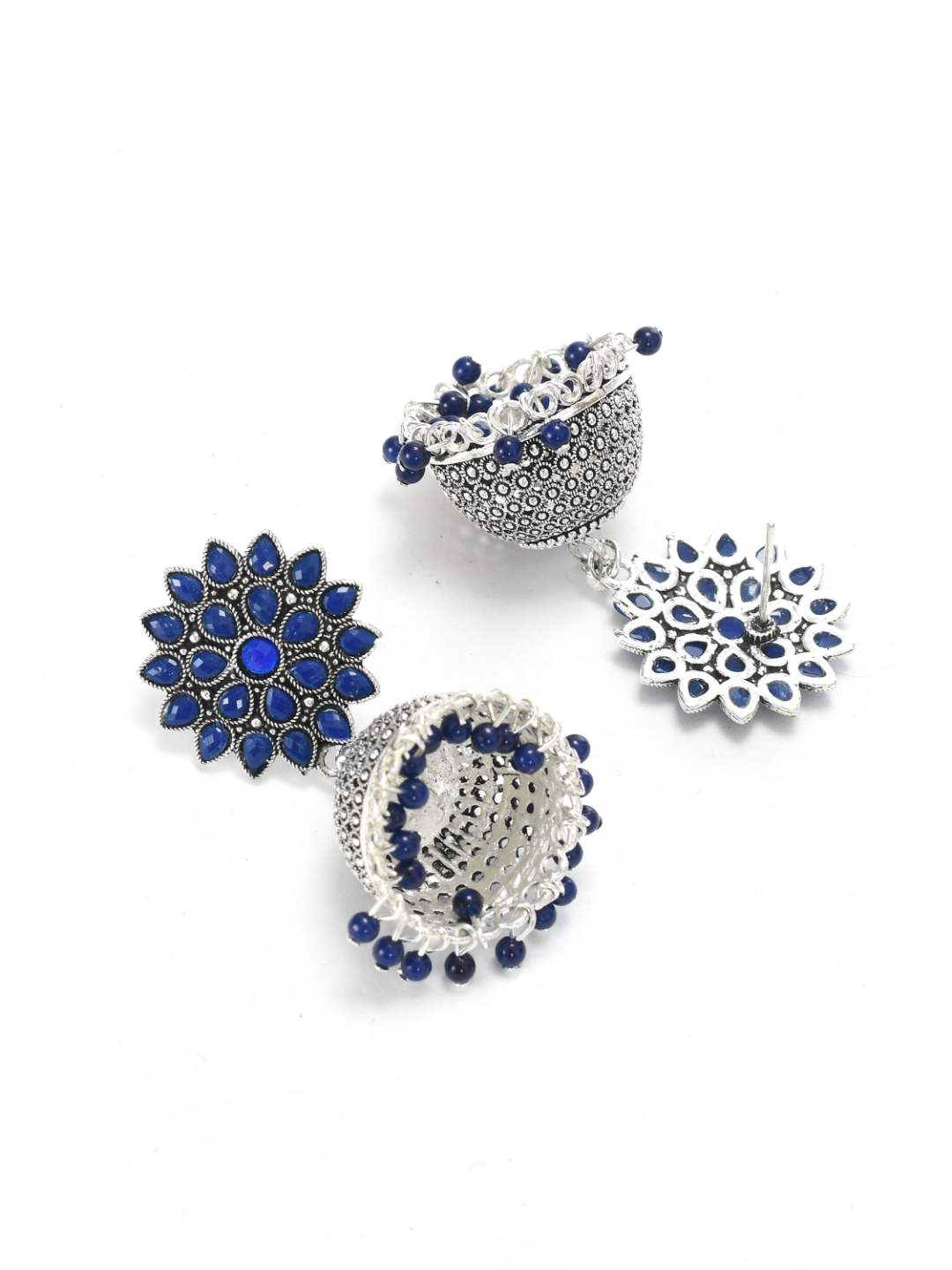 Blue Oxydized Silver Jhumka Earrings by Kamal Jihar (1 Pair earrings)