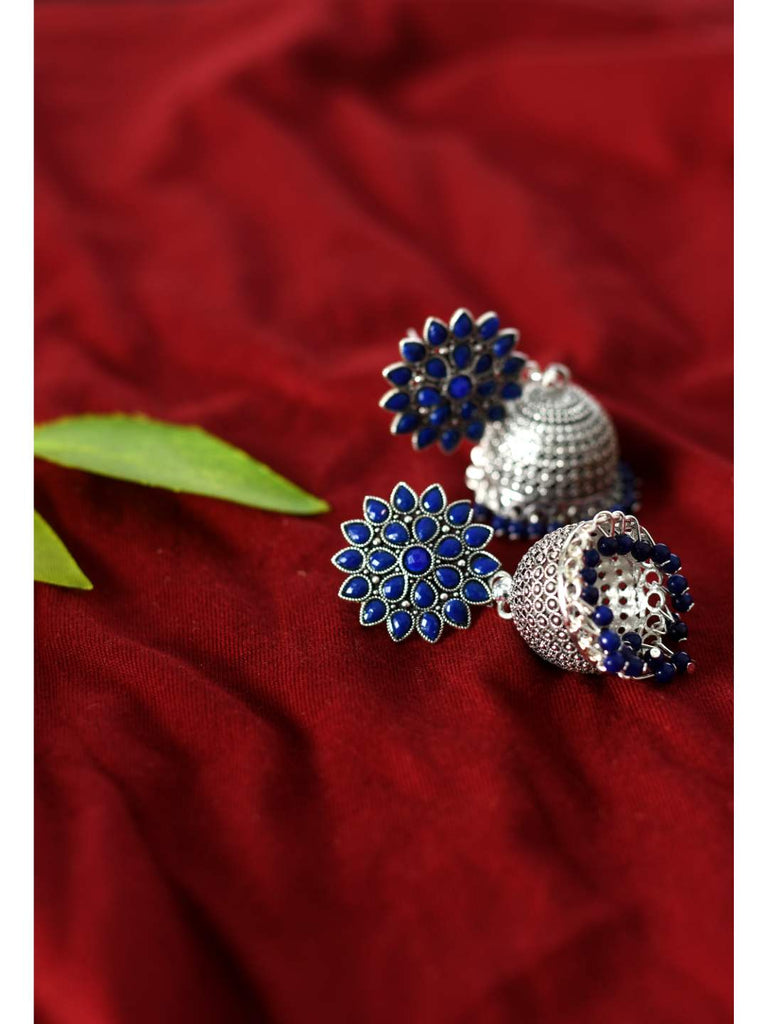 Blue Oxydized Silver Jhumka Earrings by Kamal Jihar (1