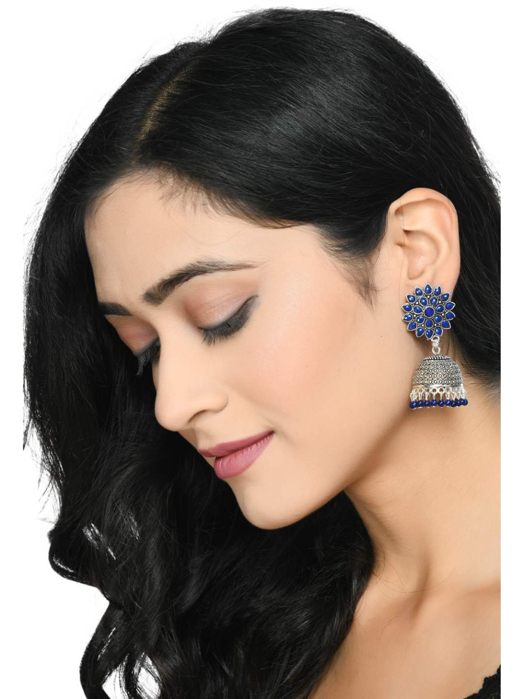 Blue Oxydized Silver Jhumka Earrings by Kamal Jihar (1 Pair earrings)
