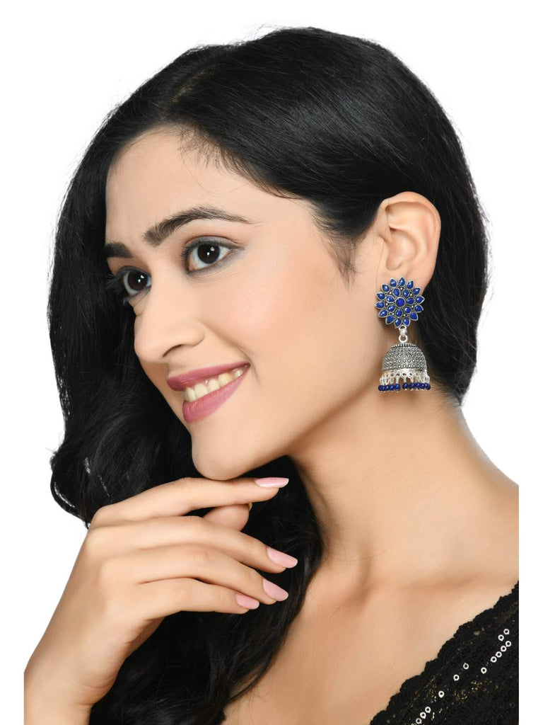 Blue Oxydized Silver Jhumka Earrings by Kamal Jihar (1