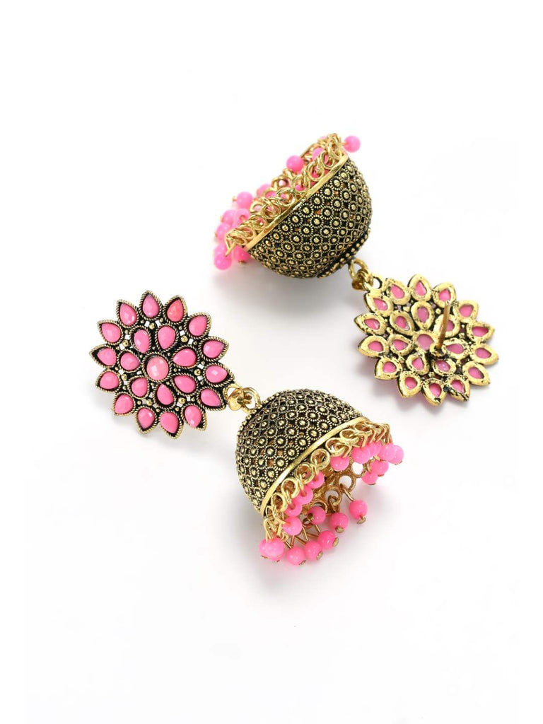 Trendia Kundan work Jhumkas with Baby Pink Pearls Ear