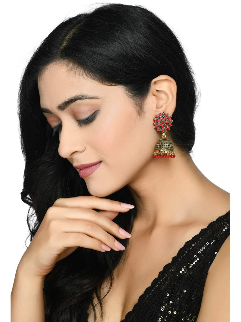 Trendia Kundan work Jkumka with Red Pearls Ear