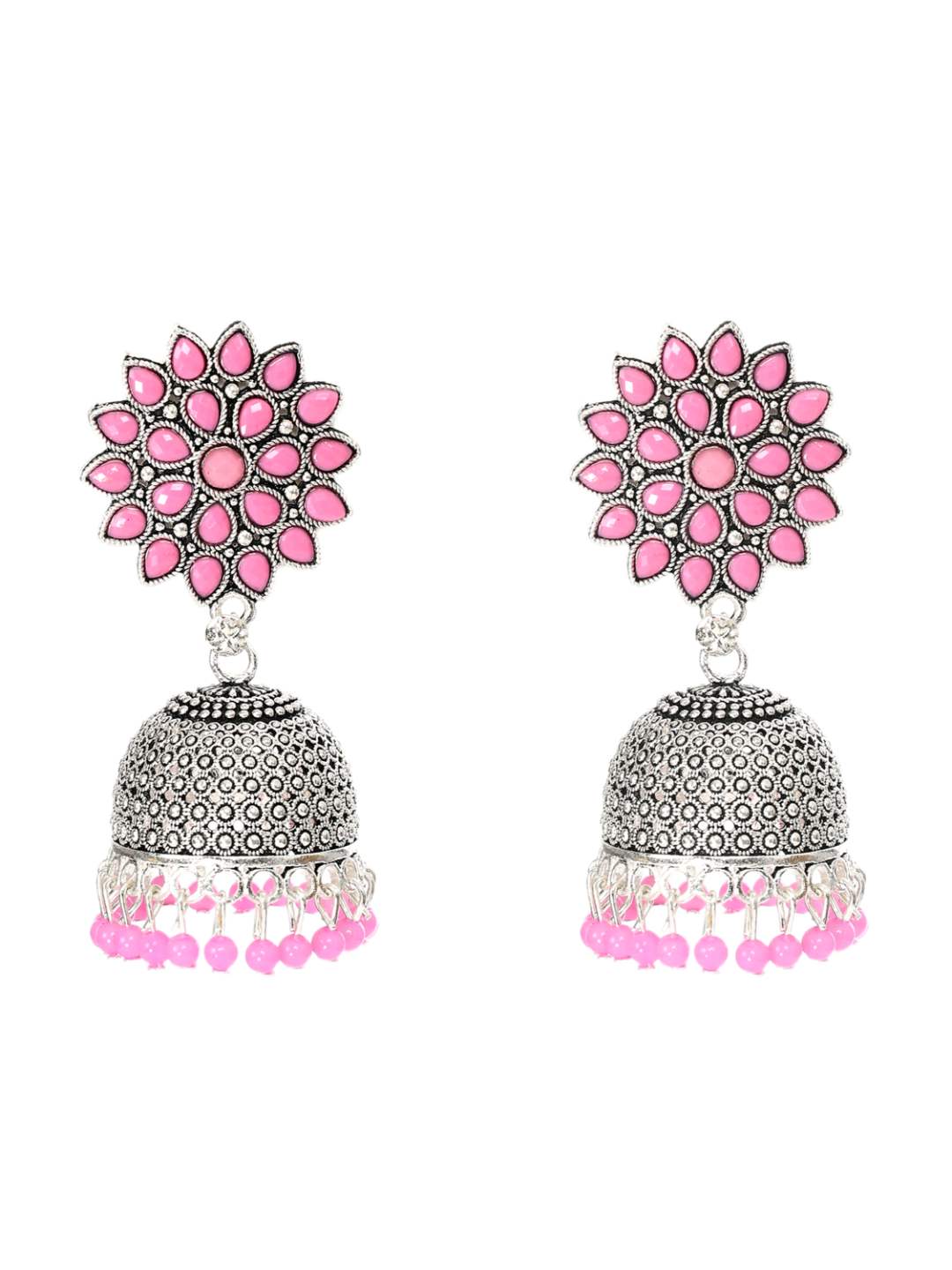 Trendia Silver-Plated Kundan Work with Pink Pearls Jhumkas Jker_130