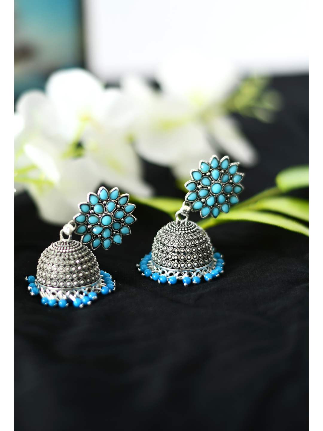 Trendia Silver-Plated Sky Blue color Kundan with Pearls Jhumkas Jker_132
