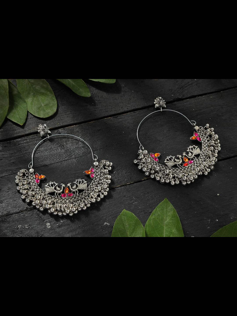 Johar Kamal Silver-Plated Peacock Design Multi colour Kundan Ear