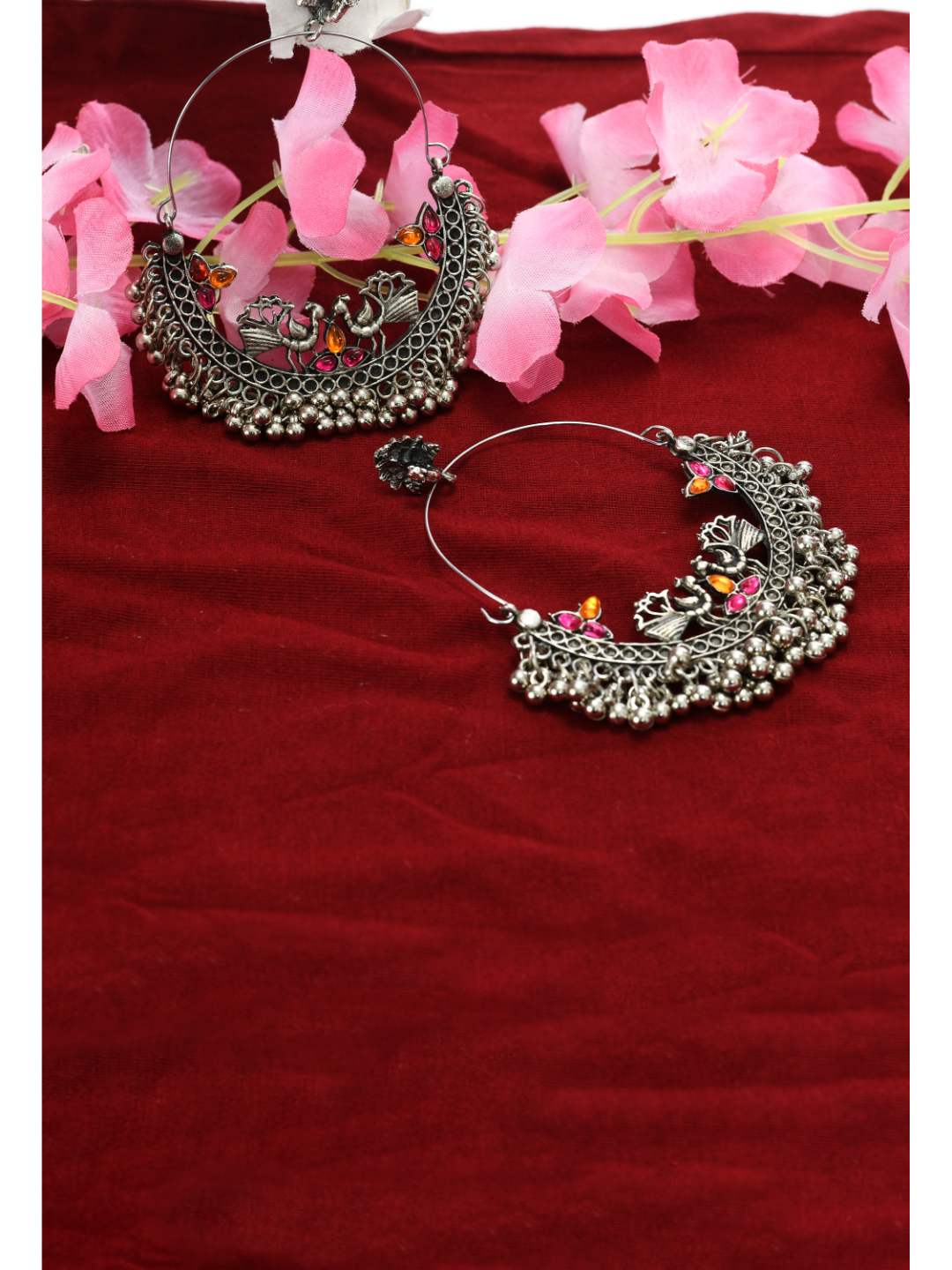 Johar Kamal Silver-Plated Peacock Design Multi colour Kundan Earrings Jker_140