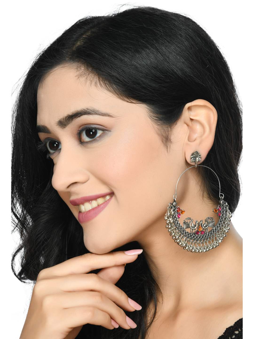 Johar Kamal Silver-Plated Peacock Design Multi colour Kundan Earrings Jker_140