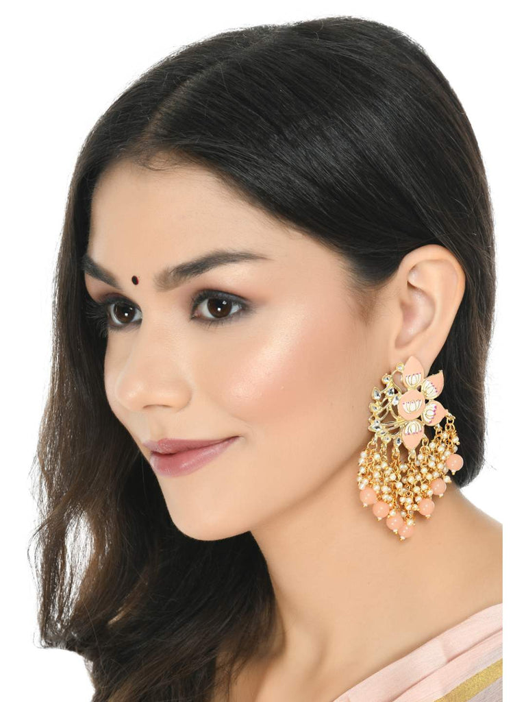 Johar Kamal Women Gold-Plated Kundan Studded, Meenakari Earrings In Floral Pa