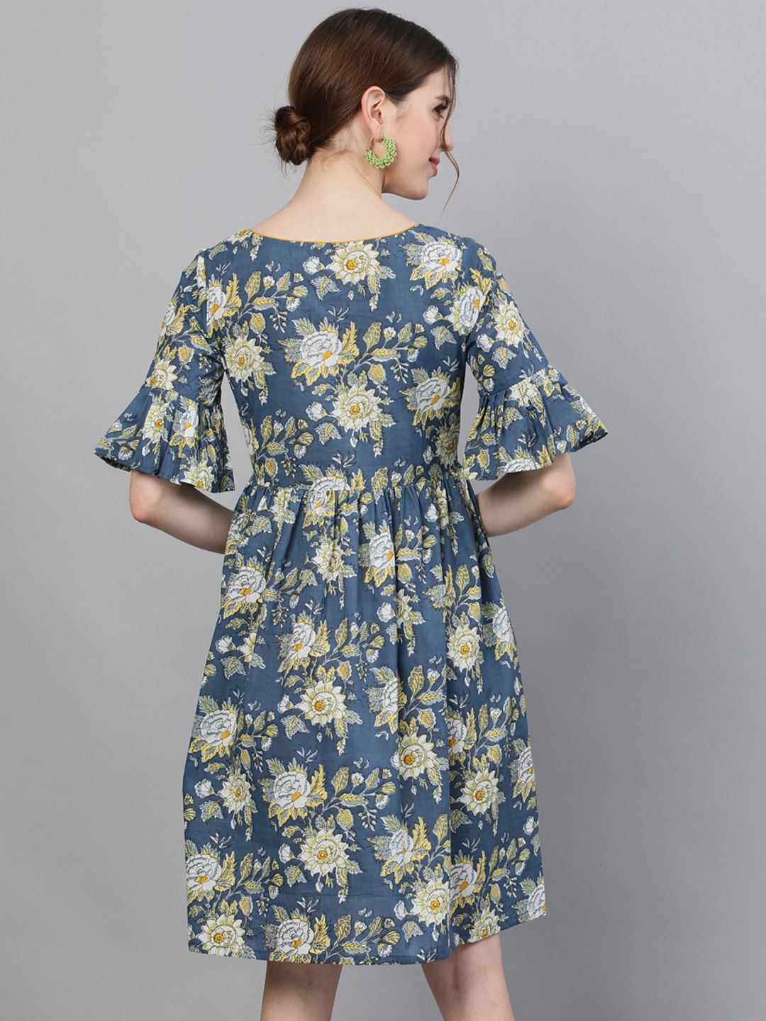 Women's Floral Printed Dress With Ruffle Sleeves - AKS