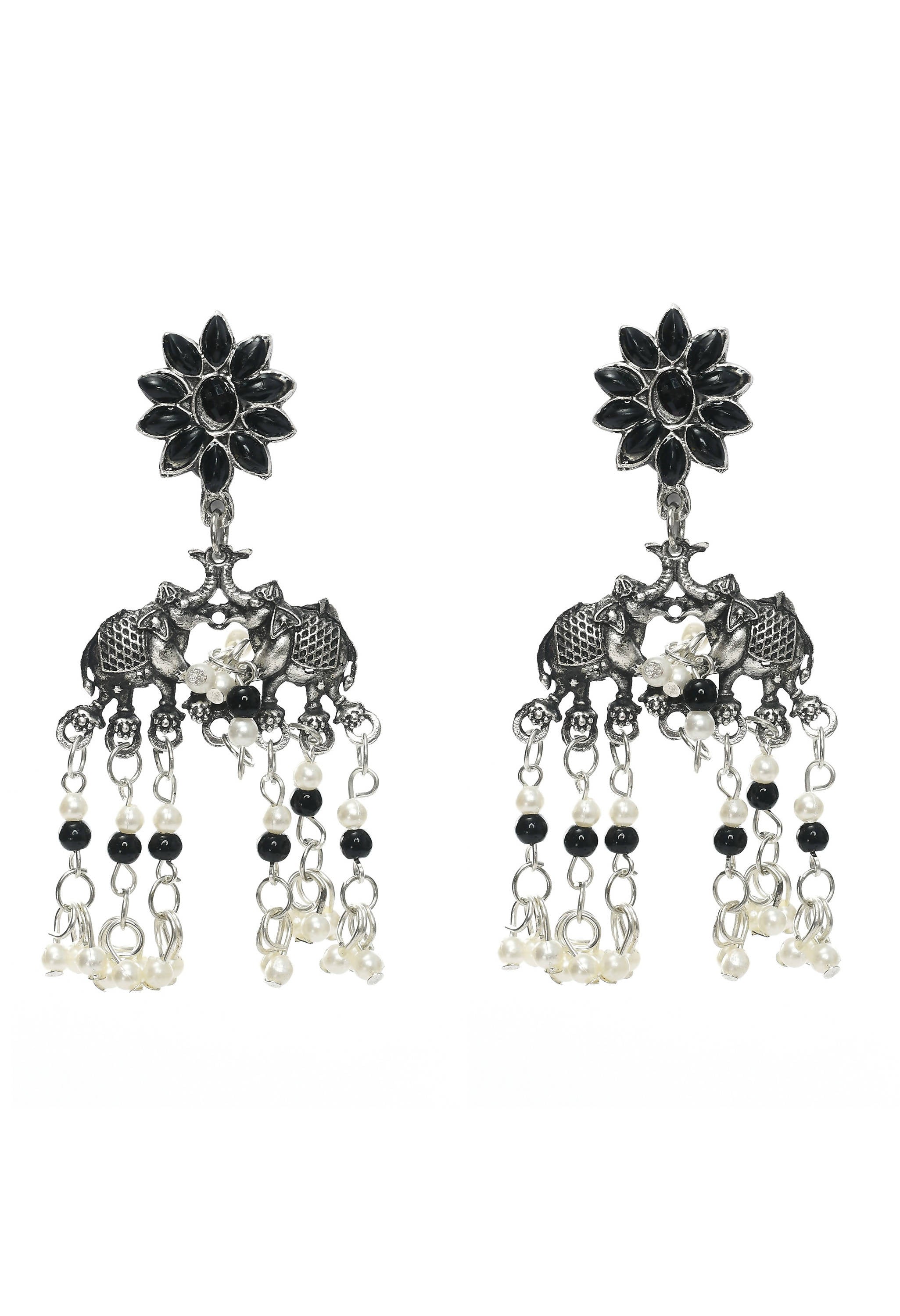 Trendia Silver-Plated Black Kundan Elephant design Necklace Set Jkms_113