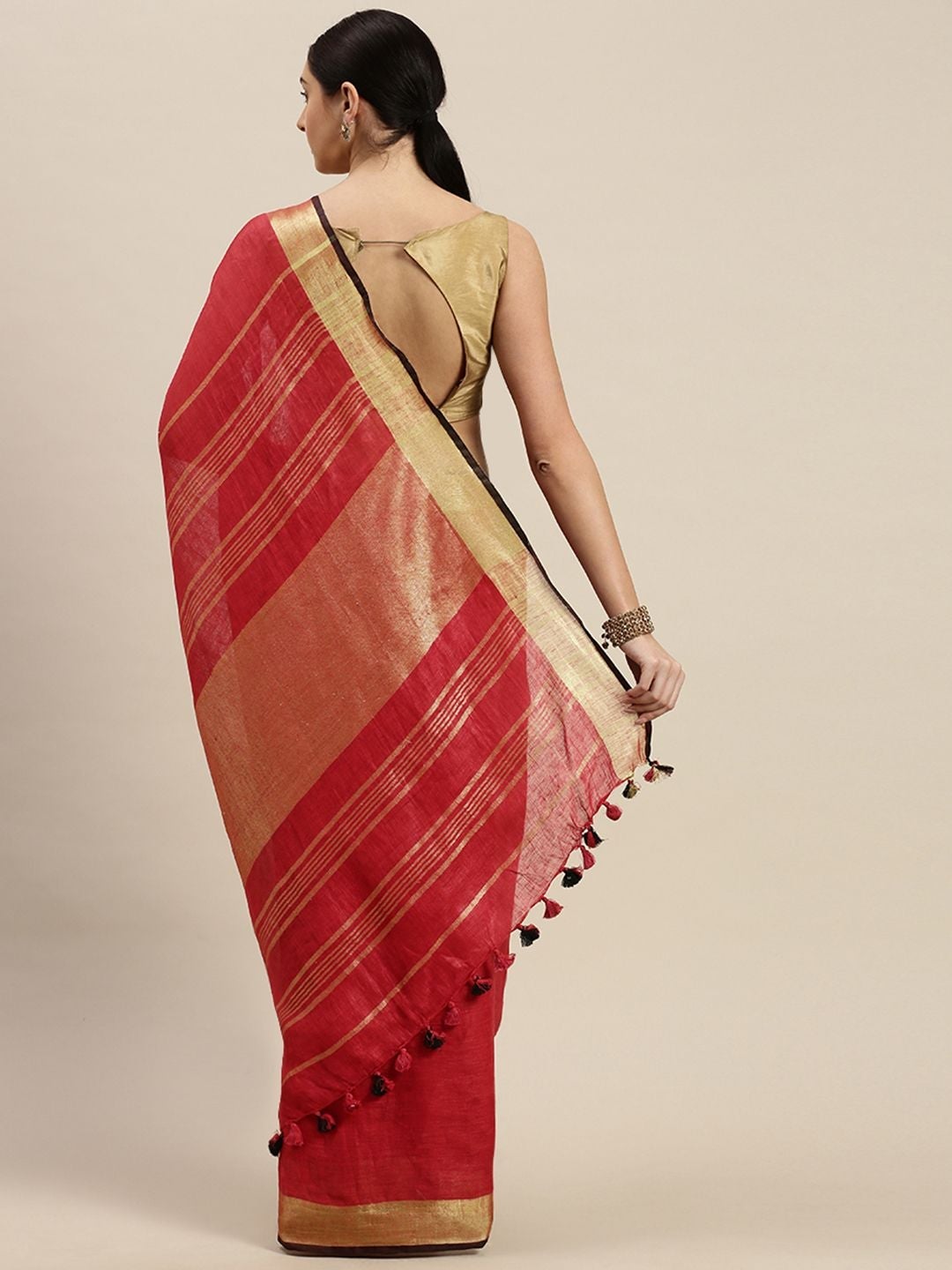 Women's Pure Handloom Linen Golden Zari Border Saree With Tassels - Olive Mist