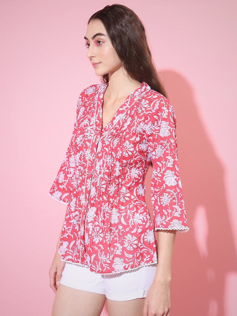 Women's Red Printed V-Neck Top