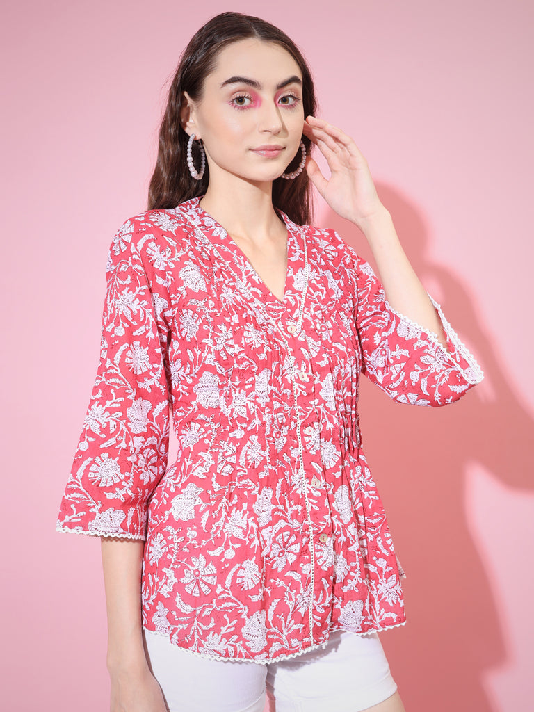 Women's Red Printed V-Neck Top