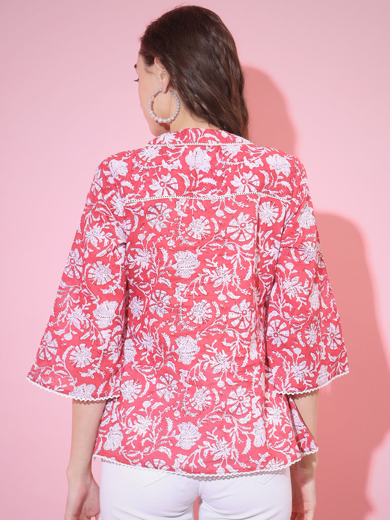 Women's Red Printed V-Neck Top