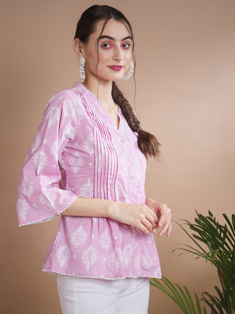 Women's Pink Printed V-Neck Top