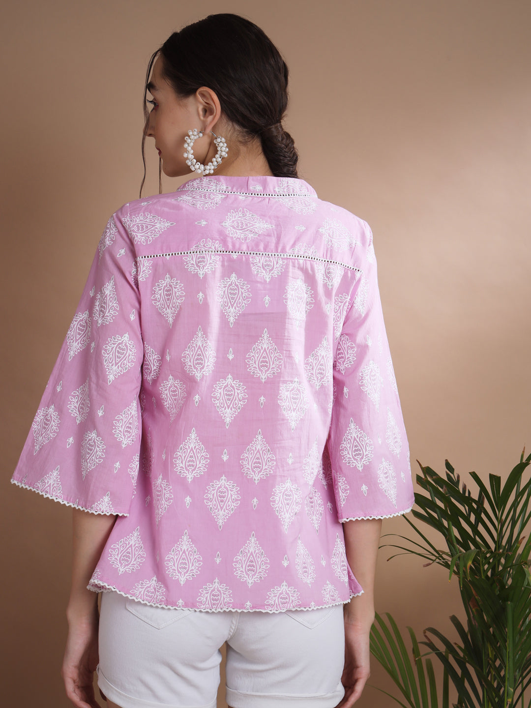 Women's Pink Printed V-Neck Top - Myshka