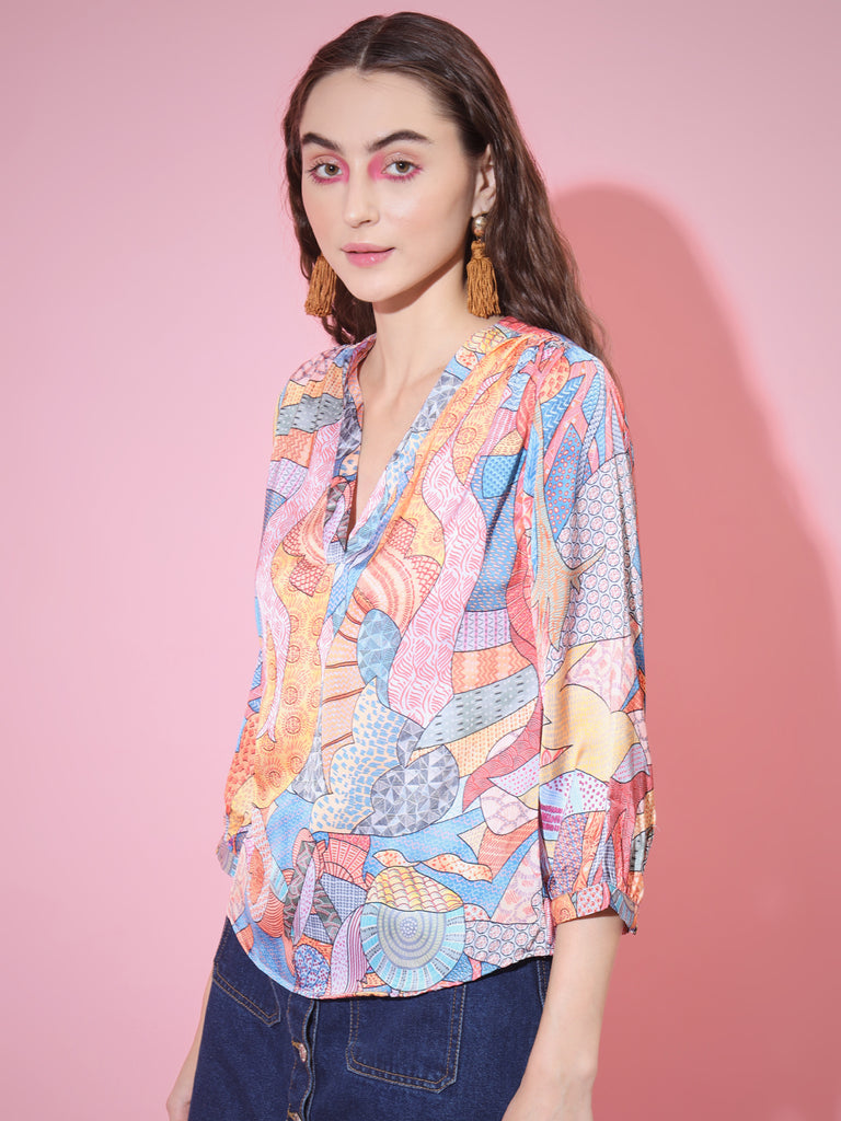 Women's Multi Printed V-Neck Top
