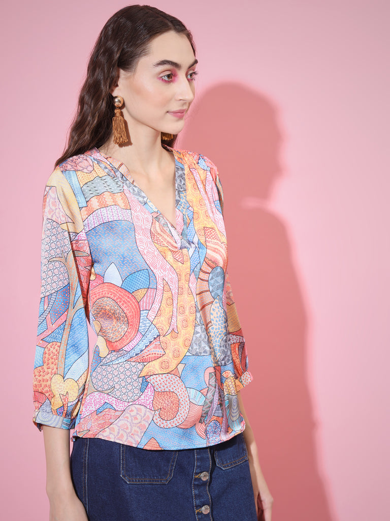 Women's Multi Printed V-Neck Top