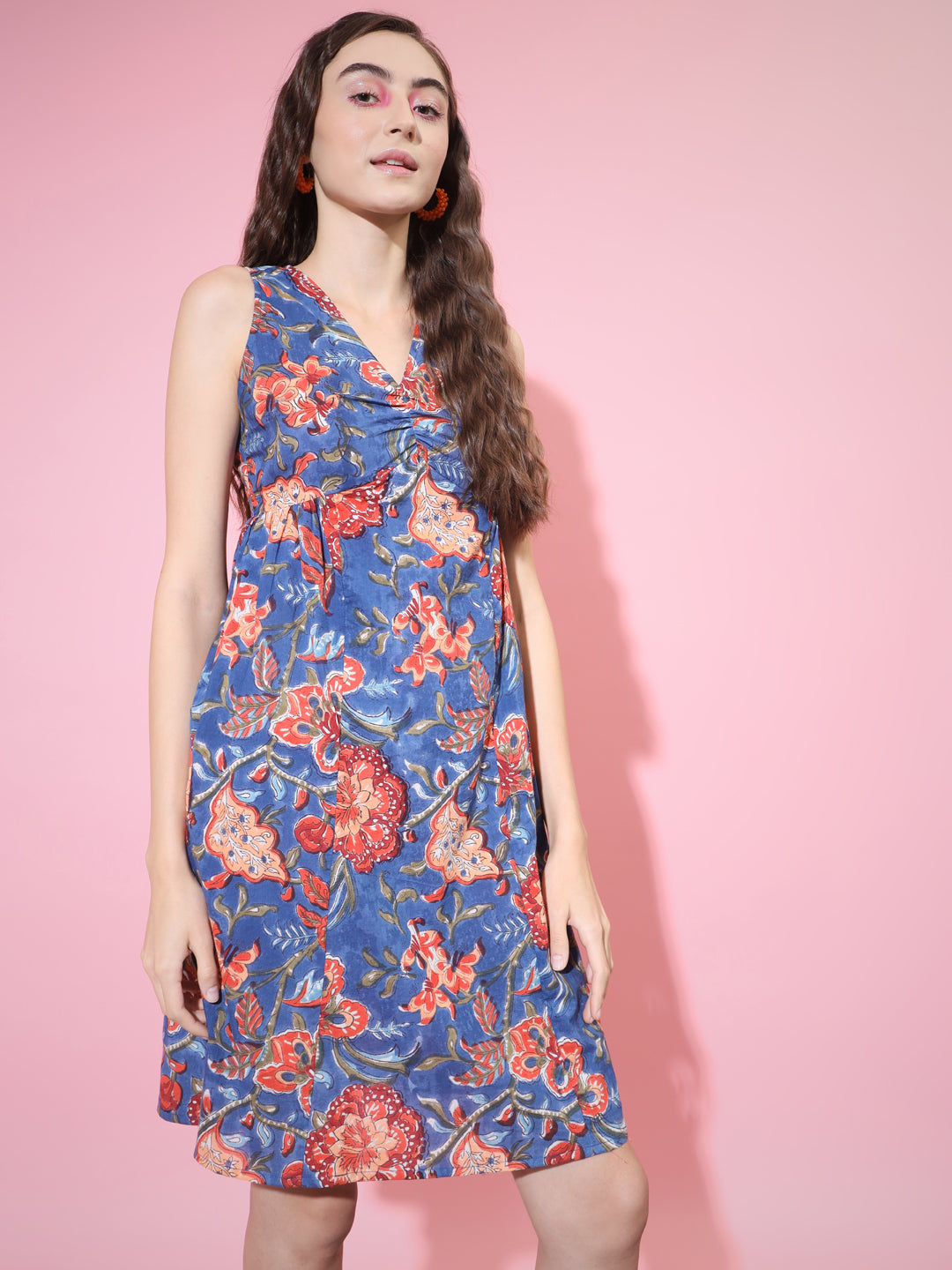 Women's Blue Floral Printed A-Line Dress - Myshka