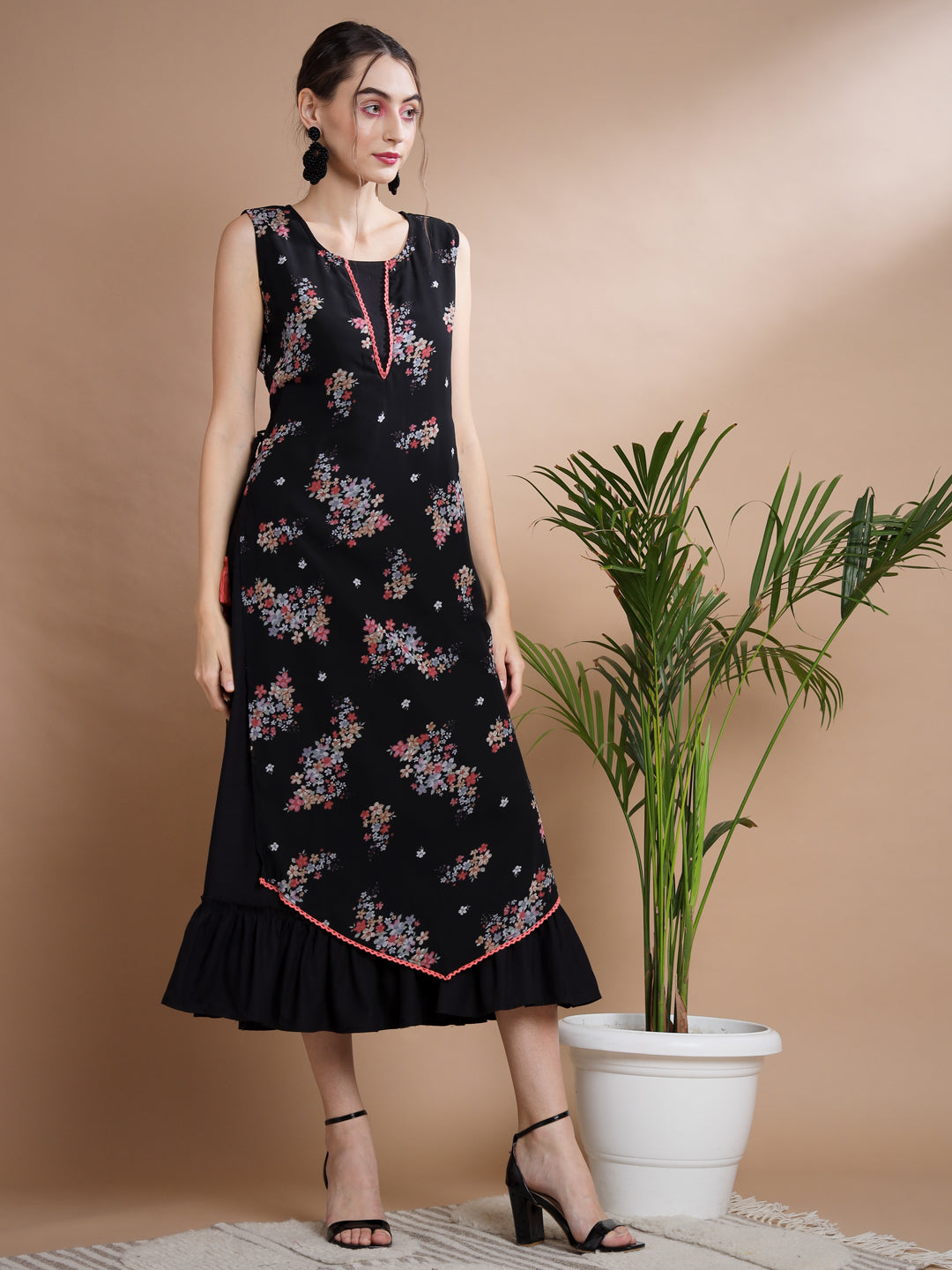 Women's Black Floral Printed Gown Dress - Myshka