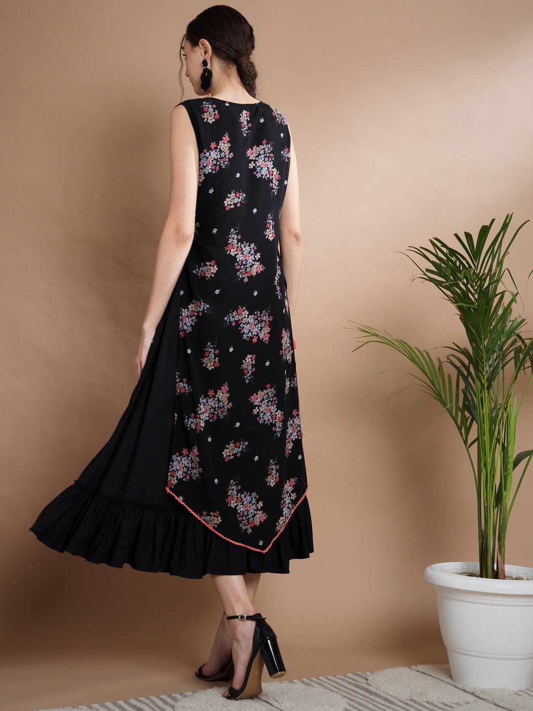 Women's Black Floral Printed Gown Dress - Myshka