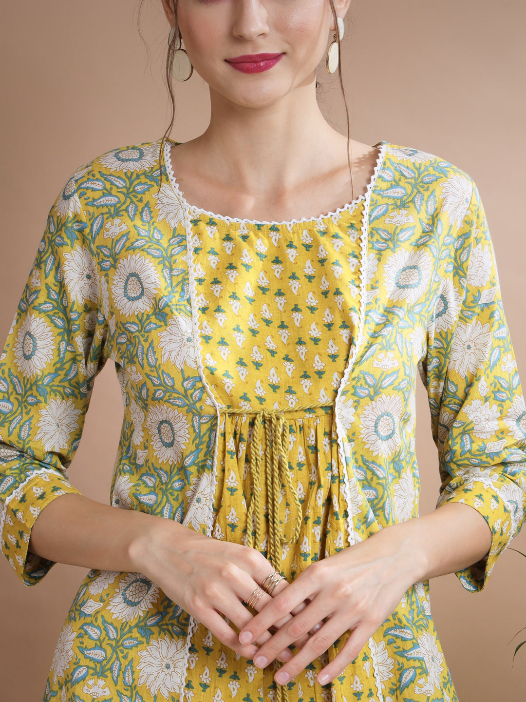 Women's Yellow Floral Printed Gown Dress - Myshka