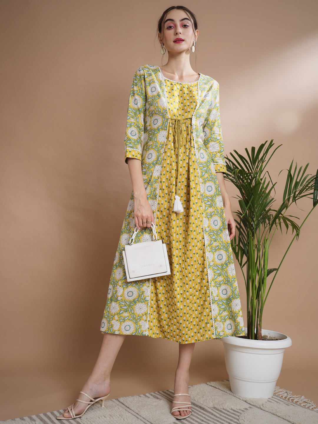 Women's Yellow Floral Printed Gown Dress - Myshka
