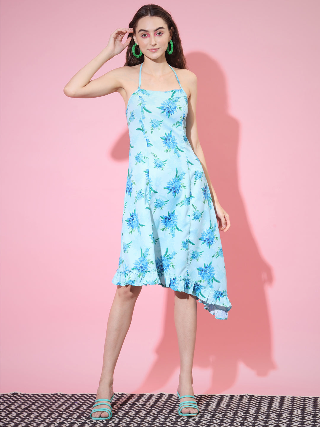 Women's Blue Floral Printed Fit And Flare Dress - Myshka