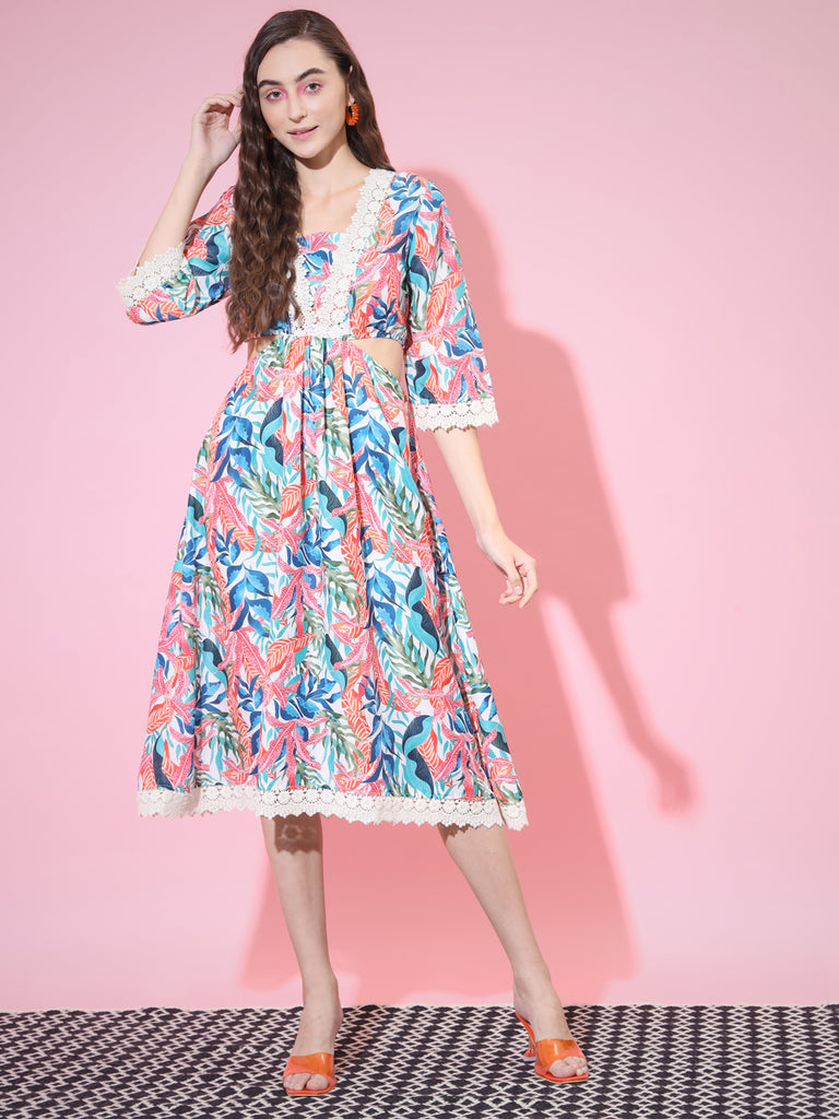 Women's Multi Floral Printed Fit And Flare Dress