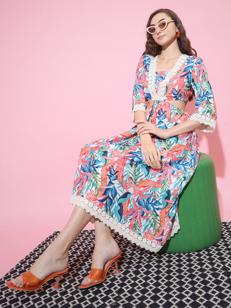 Women's Multi Floral Printed Fit And Flare Dress