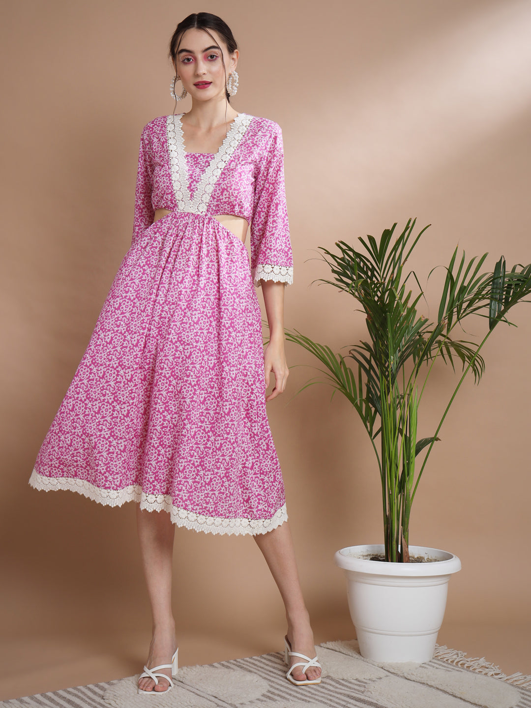 Women's Pink Floral Printed Fit And Flare Dress - Myshka