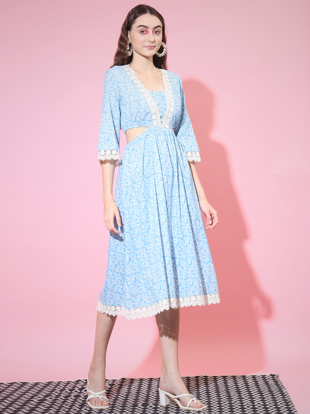 Women's Blue Floral Printed Fit And Flare Dress - Myshka