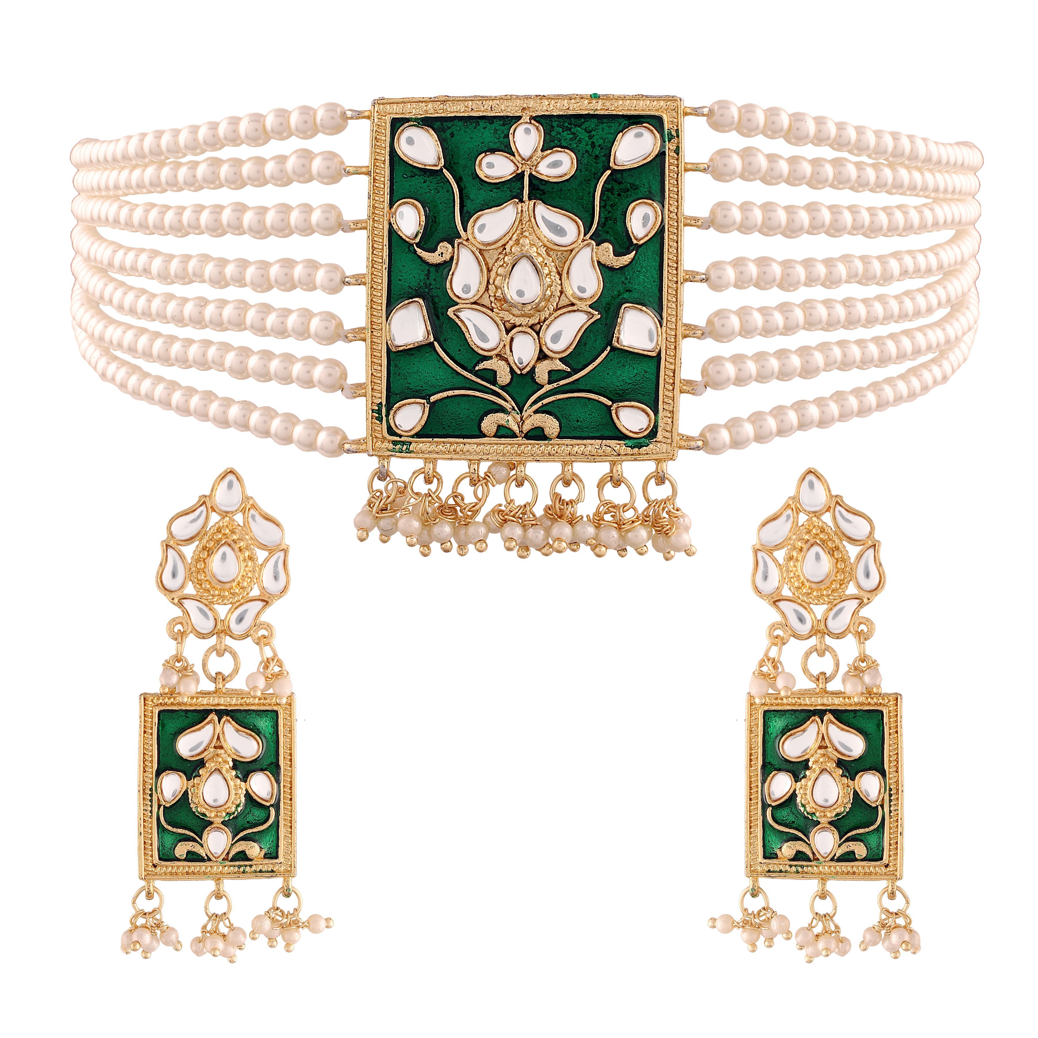 Women's Gold Plated Green Pearl & Kundan Meenakari Multistrand Necklace Set With Earrings - i jewels