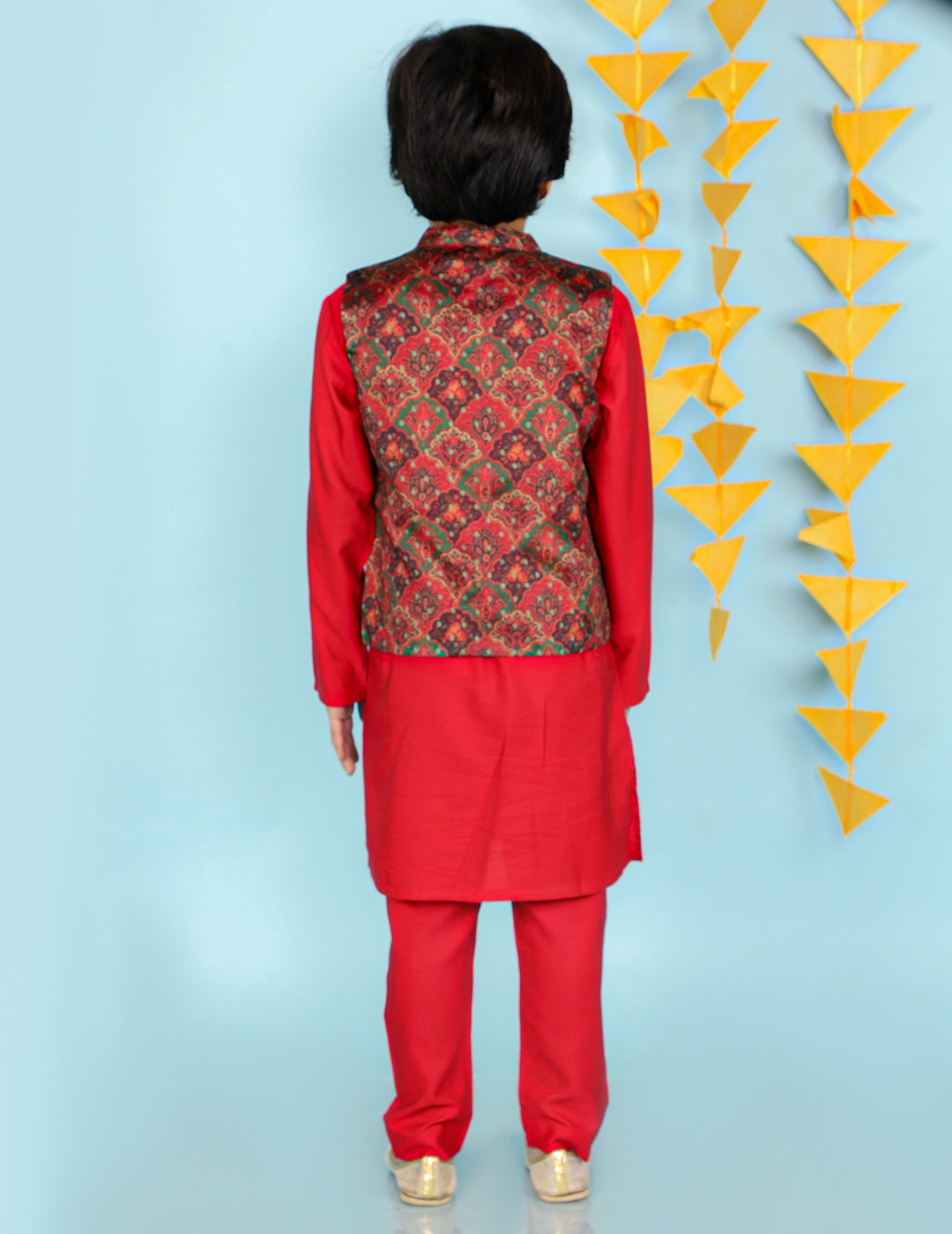 Boy's  Red Color Festive Kurta Pyjama With Printed Jacket - KID1 Boys