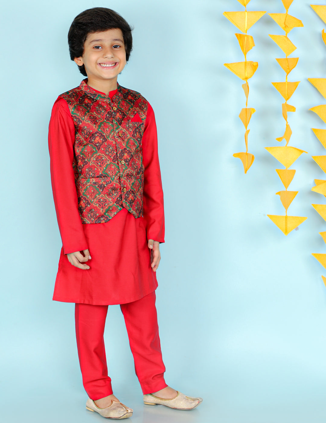Boy's  Red Color Festive Kurta Pyjama With Printed Jacket - KID1 Boys