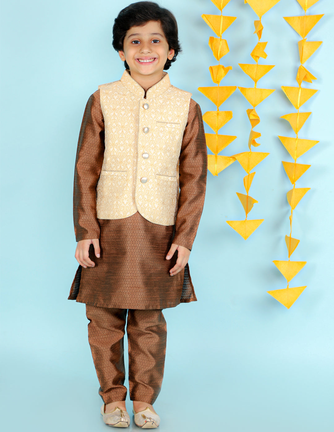 Boy's  Golden/Brown Color Festive Kurta Pyjama With Jacket - KID1 Boys