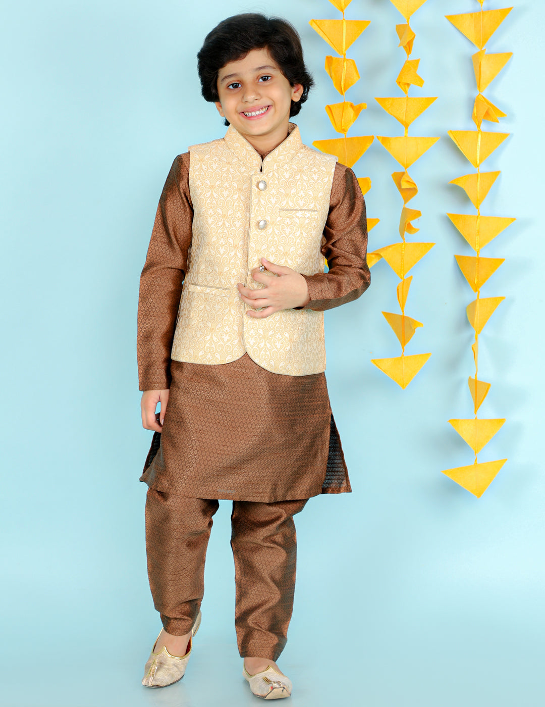Boy's  Golden/Brown Color Festive Kurta Pyjama With Jacket - KID1 Boys