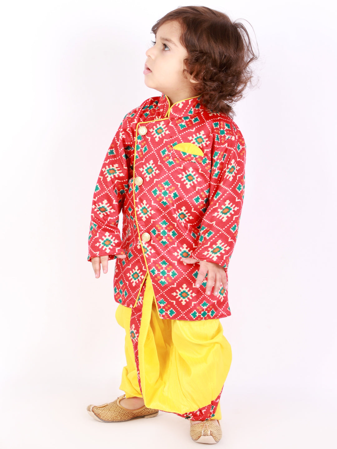 Boy's Silk Blend Pattola Print Full Length Sherwani Set With Dhoti Pant - KID1 Boys