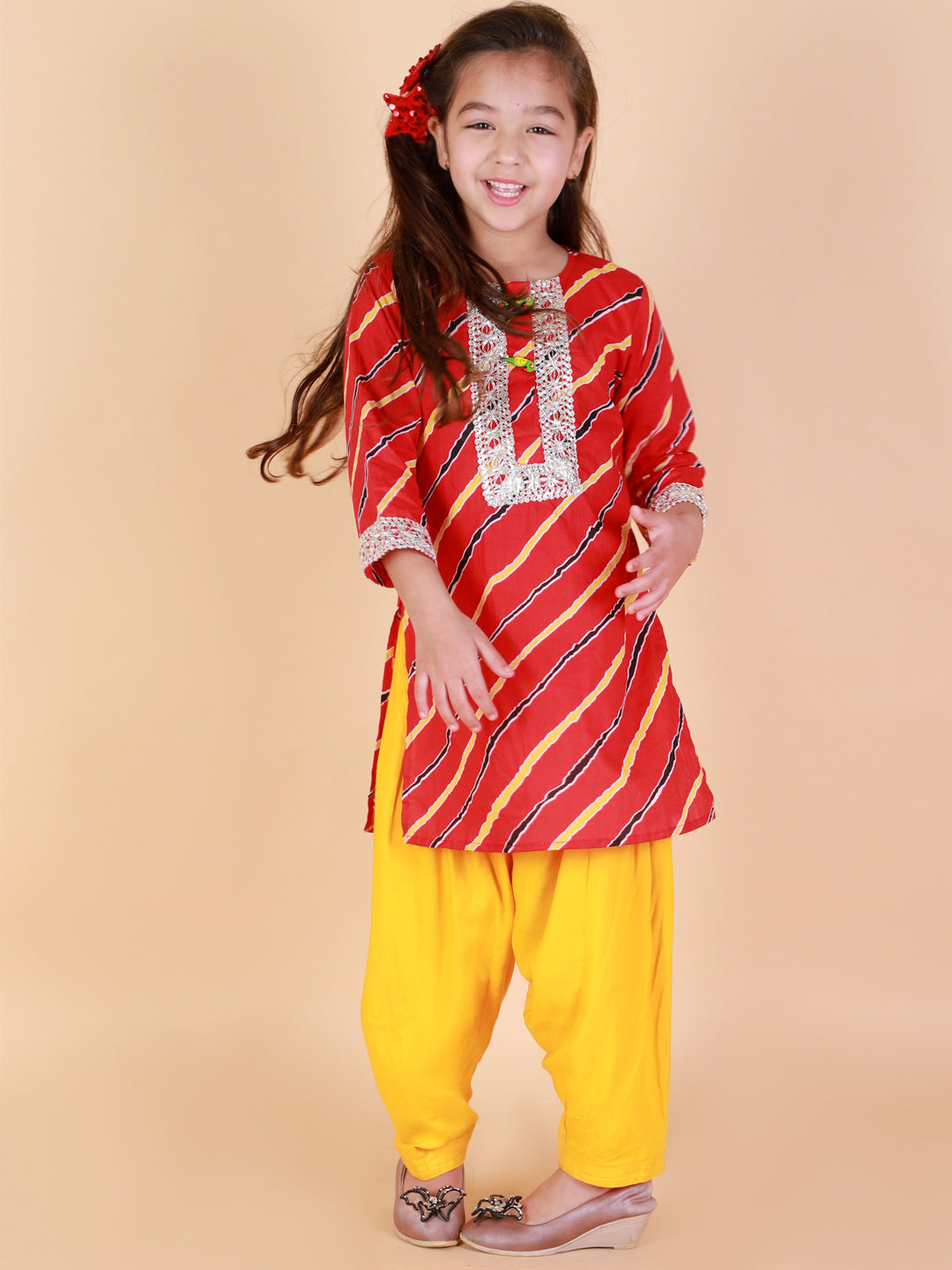 Girl's Pure Cotton  Leheriya Print Ankle Length Kurta & Salwar Set -KID1 Girls