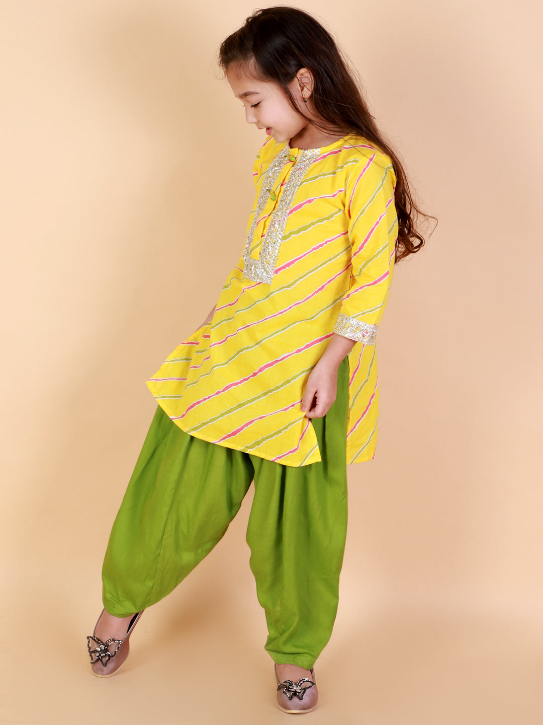 Girl's Pure Cotton  Leheriya Print Ankle Length Kurta & Salwar Set -KID1 Girls