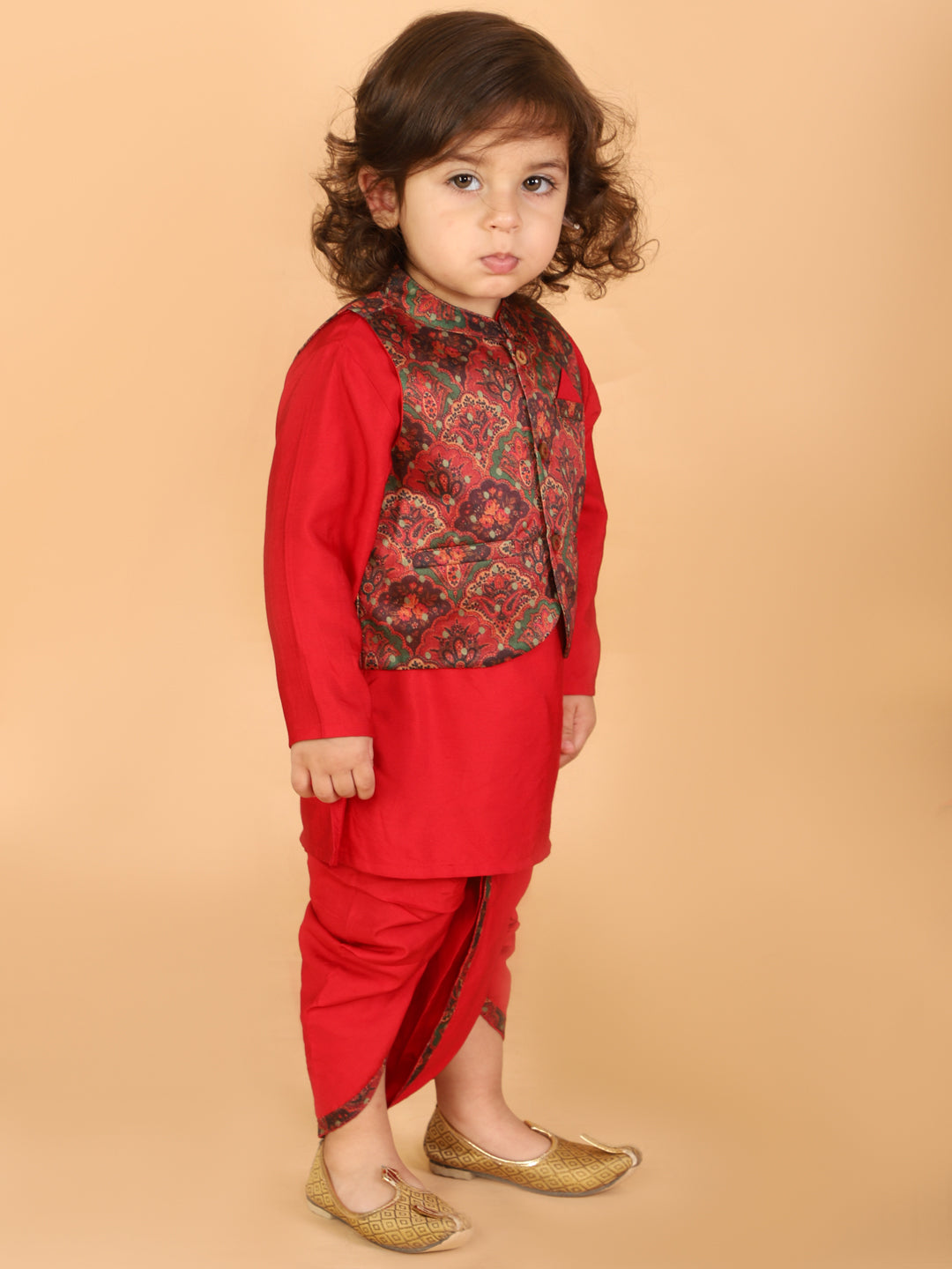 Boy's Silk Blend Printed Full Length Sherwani Set With Dhoti Pant - KID1 Boys
