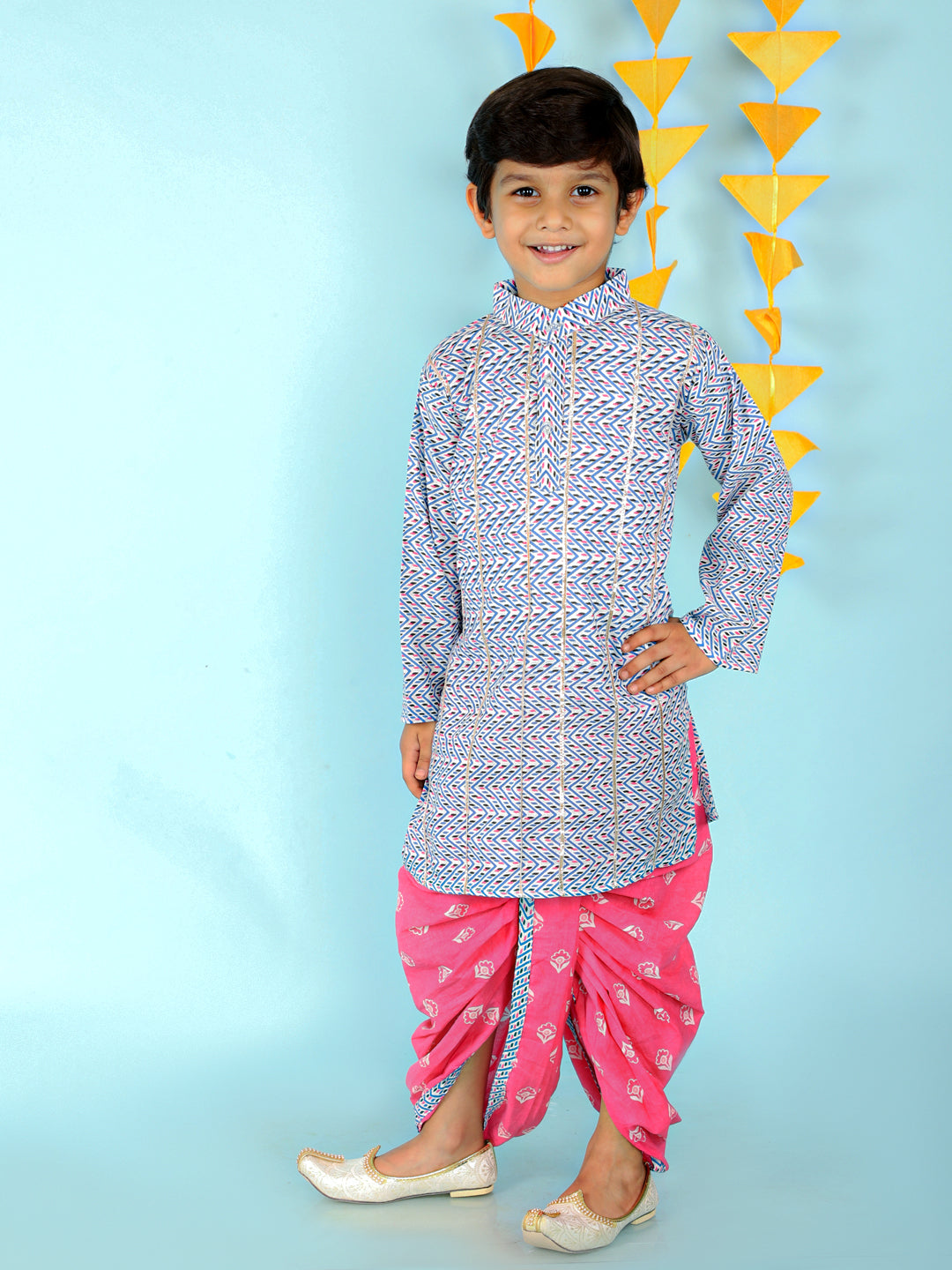 Boy's  Blue- Pink Color Gota Lace Kurta With Dhoti - KID1 Boys