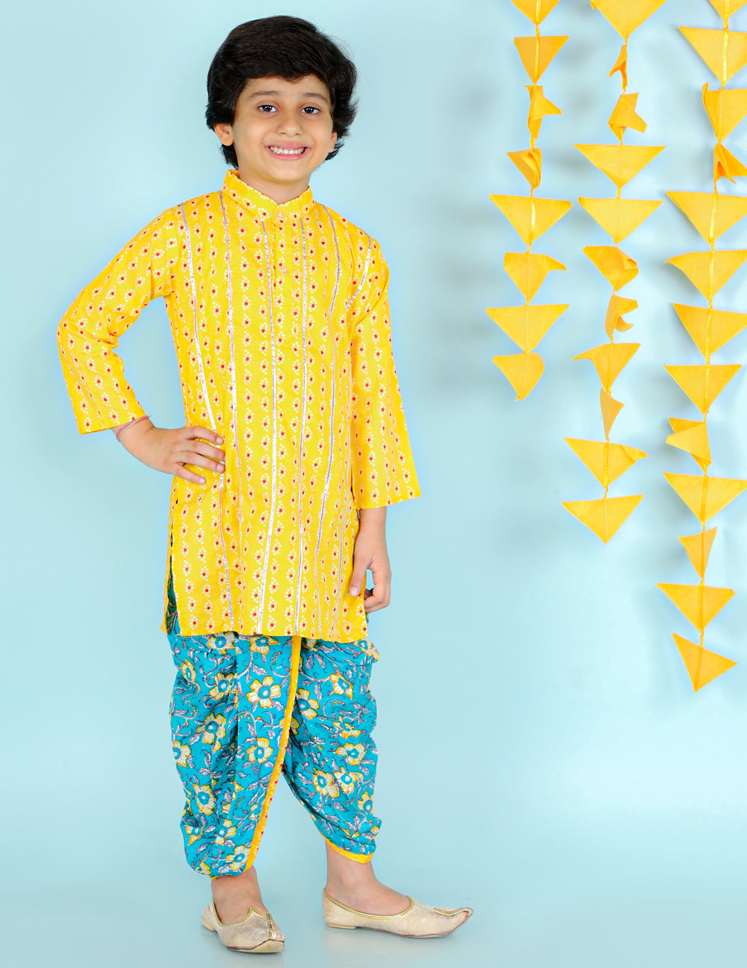 Boy's  Yellow - Turquiose Color Gota Lace Kurta With Dhoti - KID1 Boys