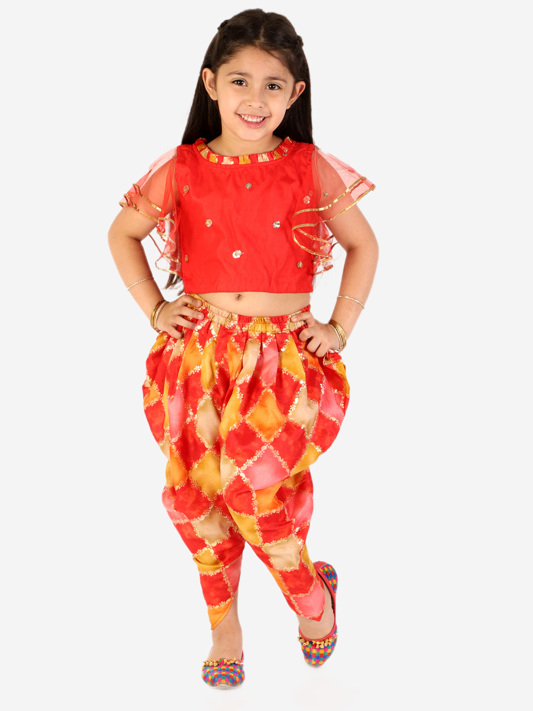 Girl's Net frill sleeves crop top with dhoti - KID1 Girls