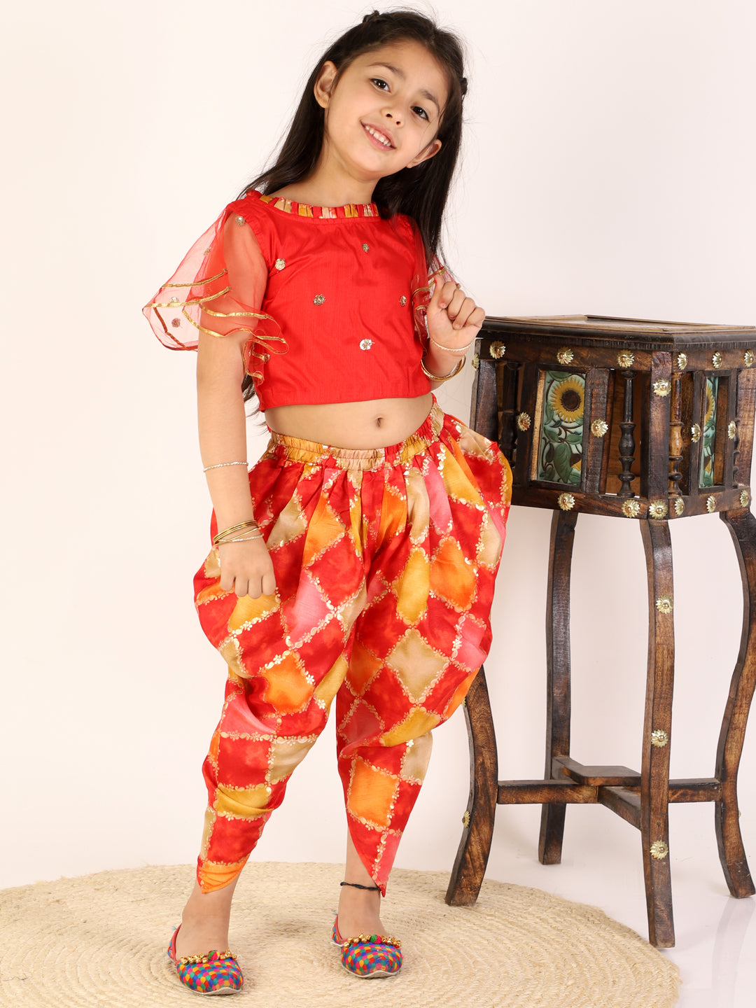 Girl's Net frill sleeves crop top with dhoti - KID1 Girls
