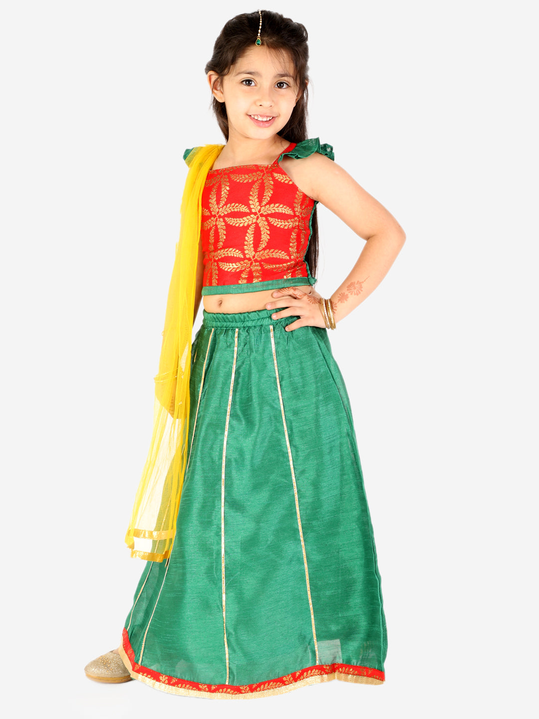 Girl's Frill Sleeves Lehenga Choli Dupatta With Mang Tikka - KID1 Girls