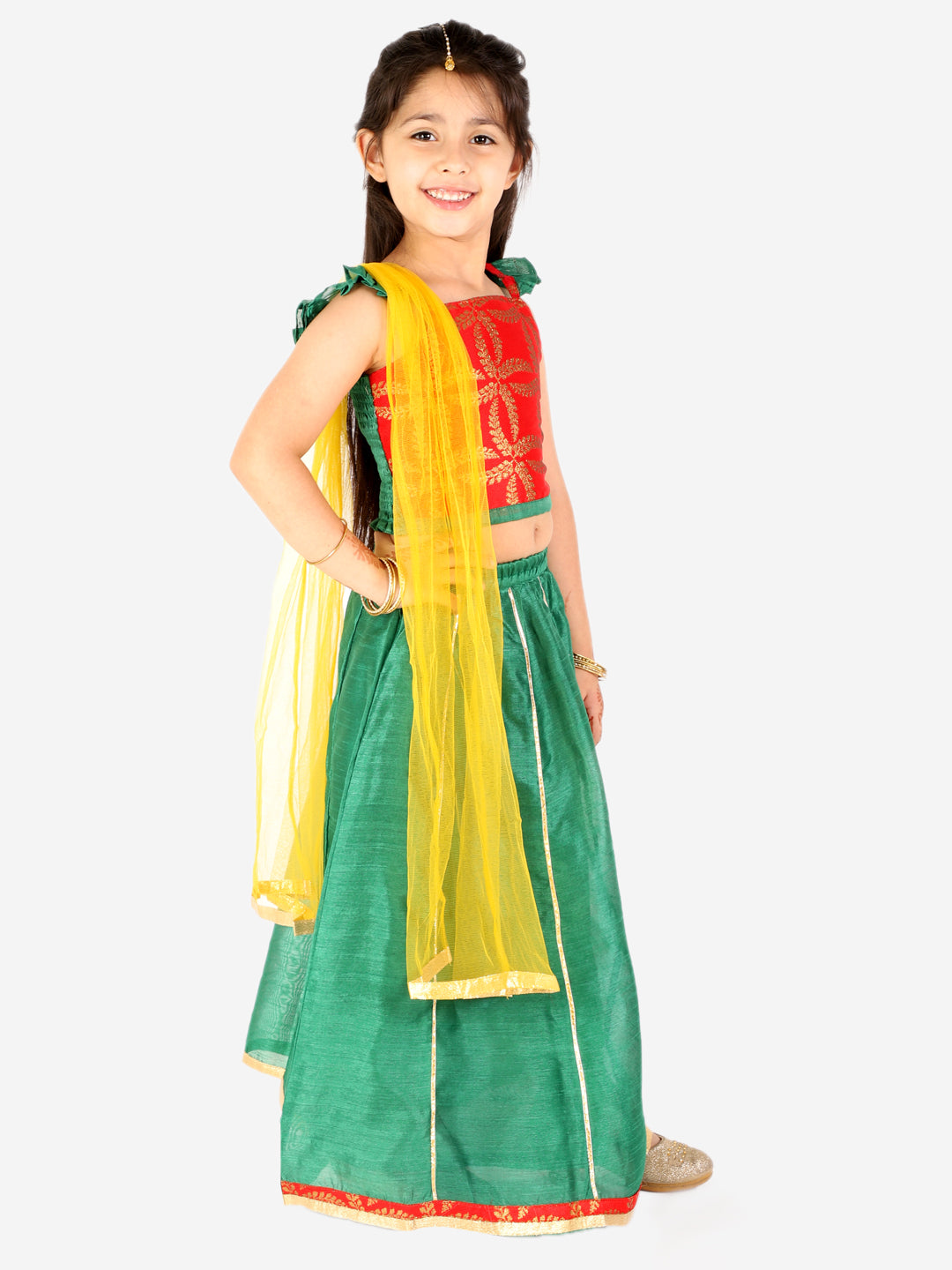 Girl's Frill Sleeves Lehenga Choli Dupatta With Mang Tikka - KID1 Girls